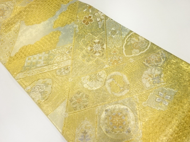 サービス品　リサイクル　檜垣に華紋・向かい鶴模様織出し袋帯